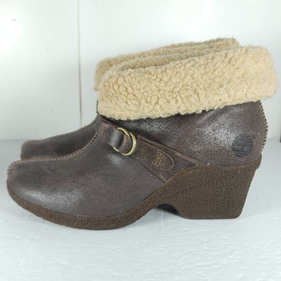 Timberland Women’s Bayden US9,5 Brown Leather Wedge Ankle Shearling Boots Bootie - Picture 2 of 16